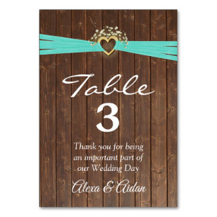 Gold Heart with Turquoise Ribbon On Barn Wood  Table Number