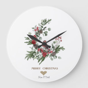 Gold Heart,Wreath Red Cardinal Christmas Large Clock