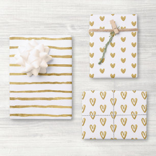 Gold Hearts and Lines Wrapping Paper Sheet