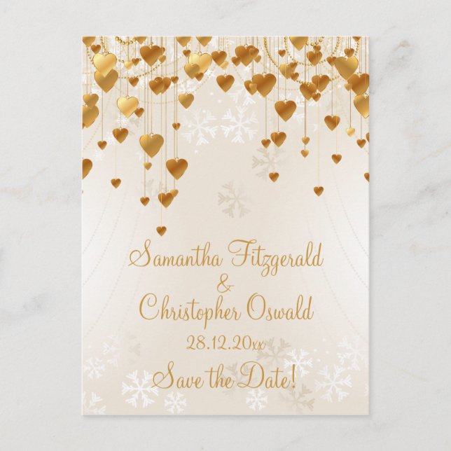 Gold Hearts and Snowflakes Save the Date Announcement Postcard (Front)