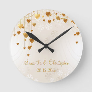 Gold Hearts and Snowflakes Wedding Memento Round Clock