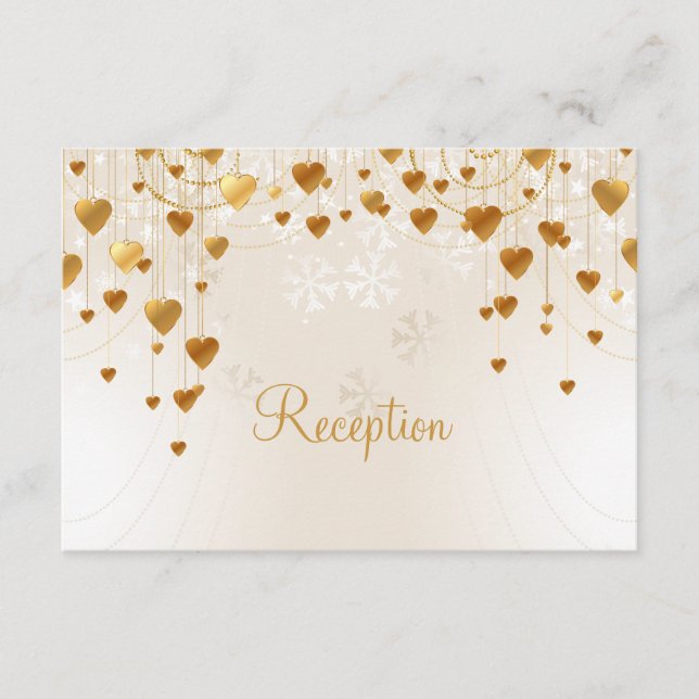 Gold Hearts and Snowflakes Wedding Reception Enclosure Card (Front)