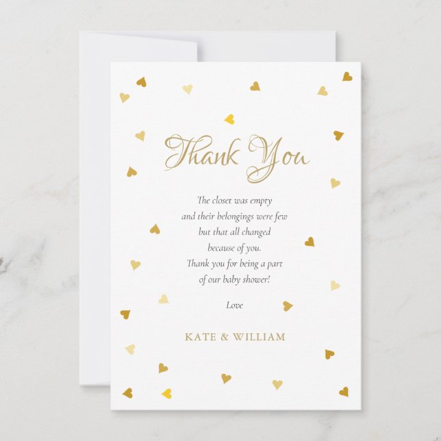 Gold Hearts Baby Shower Thank You Poem Card (Front)