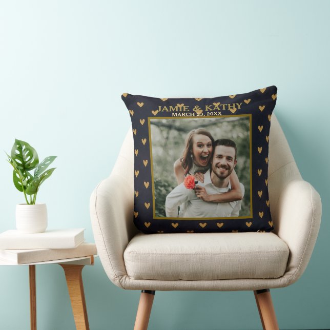Gold Hearts, Black Background Custom Photo & Text Cushion (Chair)