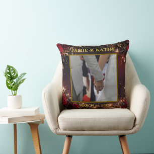 Gold Hearts, Black Background Custom Photo & Text Cushion