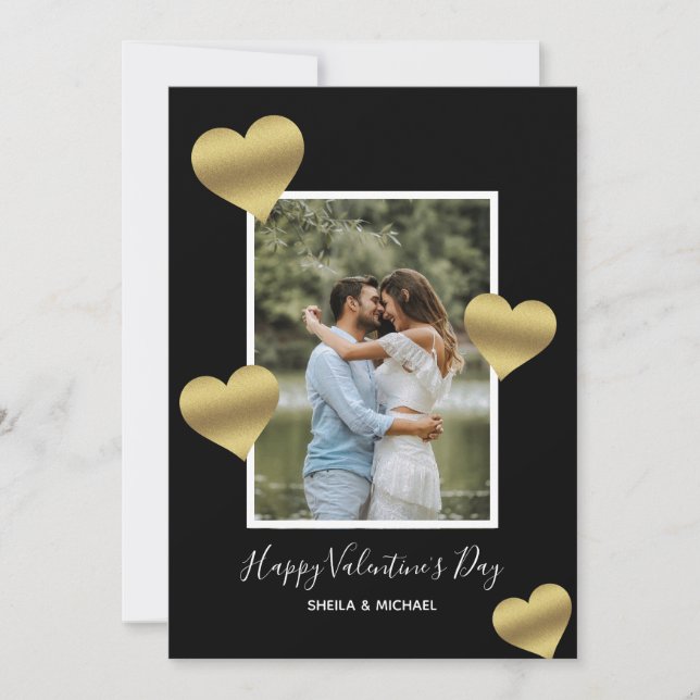 Gold Hearts Black Happy Valentine's Photo Holiday Card (Front)