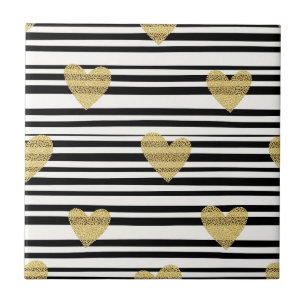 Gold Hearts Black Stripe Valentine Pattern Ceramic Tile