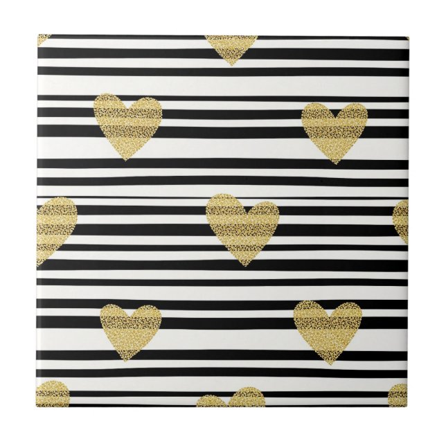 Gold Hearts Black Stripe Valentine Pattern Ceramic Tile (Front)