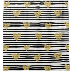 Gold Hearts Black Stripe Valentine Pattern Shower Curtain