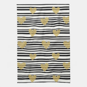 Gold Hearts Black Stripe Valentine Pattern Tea Towel