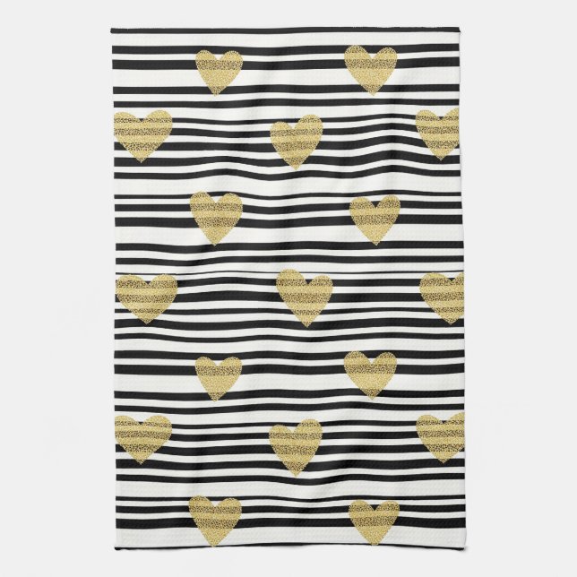 Gold Hearts Black Stripe Valentine Pattern Tea Towel (Vertical)