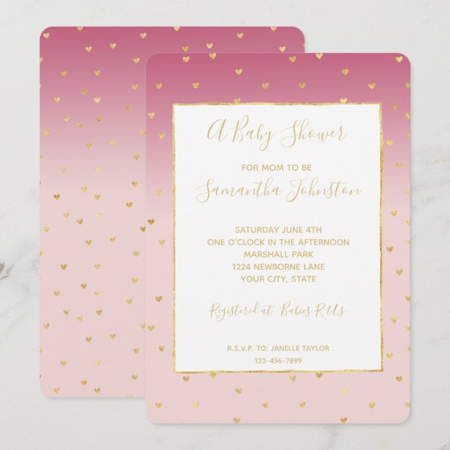Gold Hearts Blush Pink Ombre Baby Shower Invitation (Front/Back)