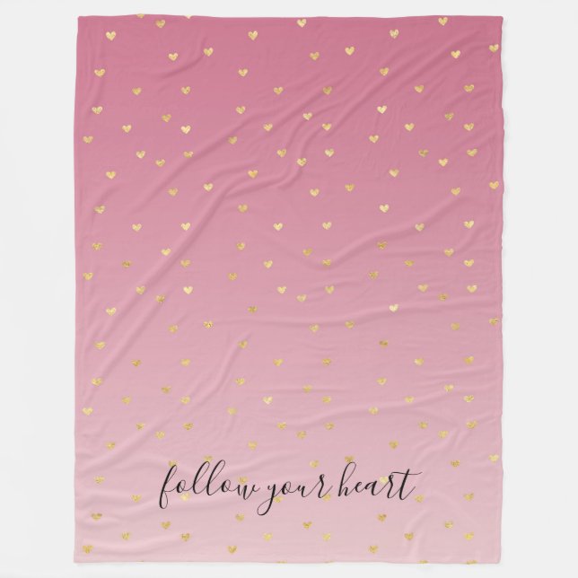Gold Hearts Blush Pink Ombre  Fleece Blanket (Front)