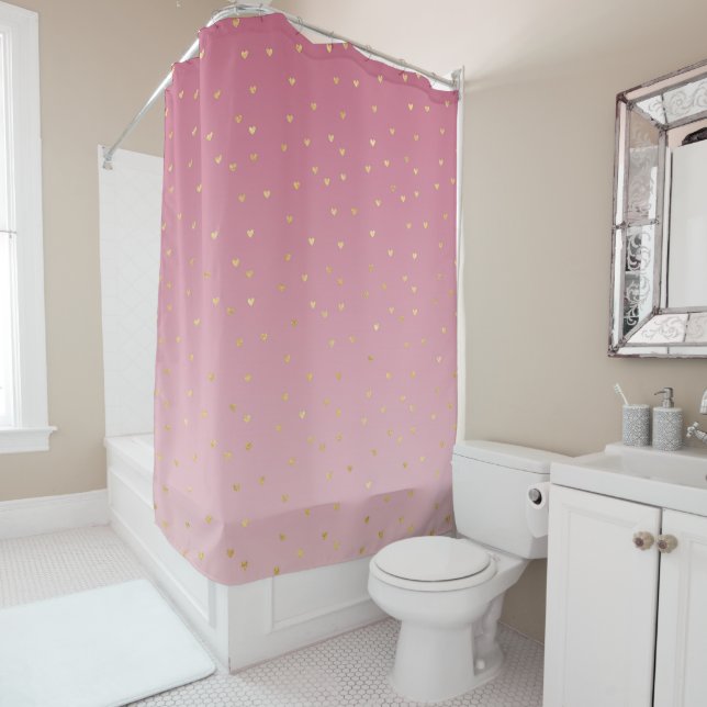 Gold Hearts Blush Pink Ombre Shower Curtain (In Situ)