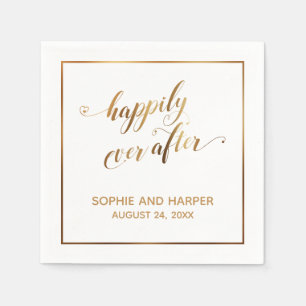 Gold Hearts & Border Happily Ever After, White Napkin