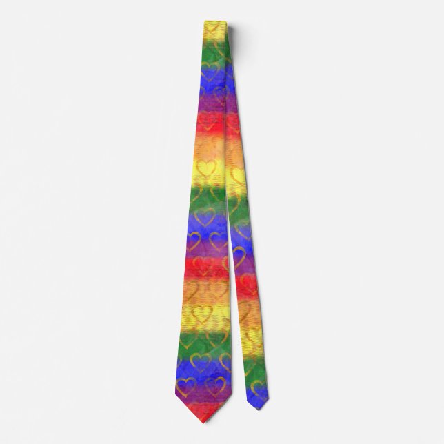 Gold Hearts, Bright Rainbow Gay Pride Flag Colours Tie (Front)