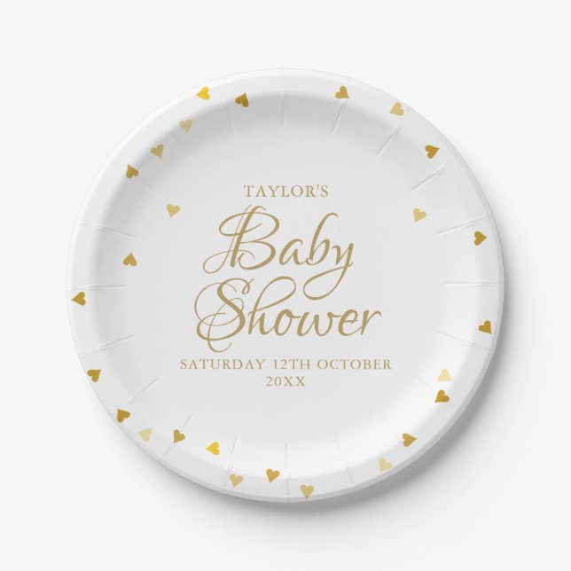 Gold Hearts Confetti Baby Shower / Sprinkle Paper Plate (Front)