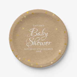 Gold Hearts Confetti Baby Shower / Sprinkle Rustic Paper Plate