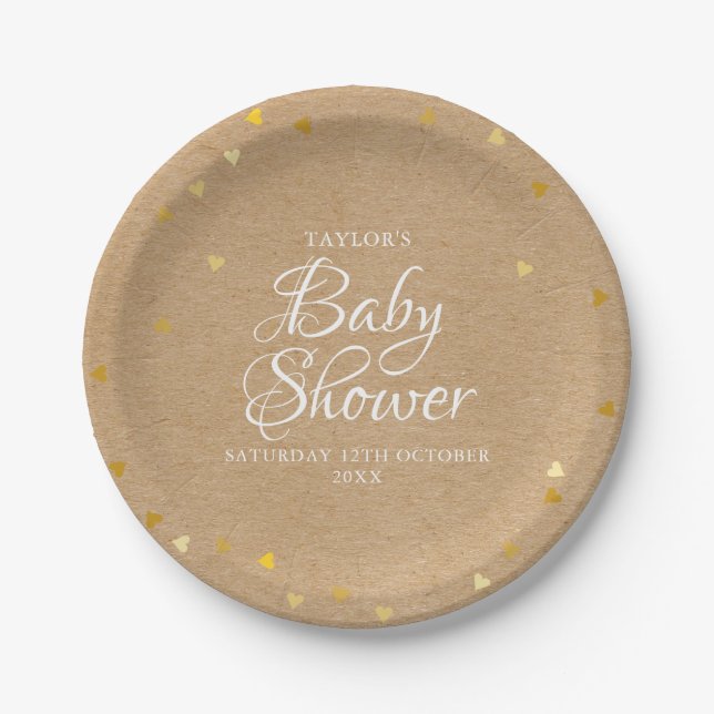 Gold Hearts Confetti Baby Shower / Sprinkle Rustic Paper Plate (Front)