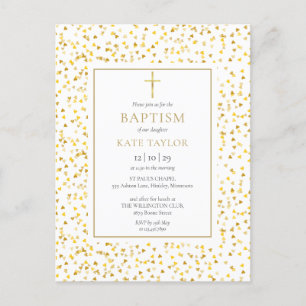 Gold Hearts Confetti Baptism Christening Invitation Postcard