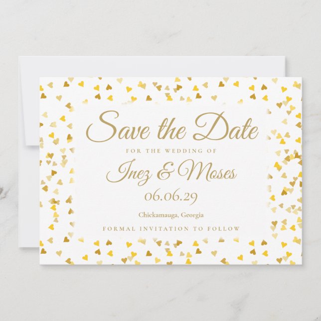 Gold Hearts Confetti Save the Date (Front)