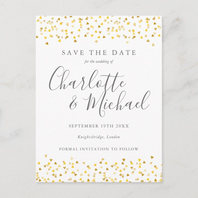 Gold Hearts Confetti Save the Date Announcement Postcard (Front)