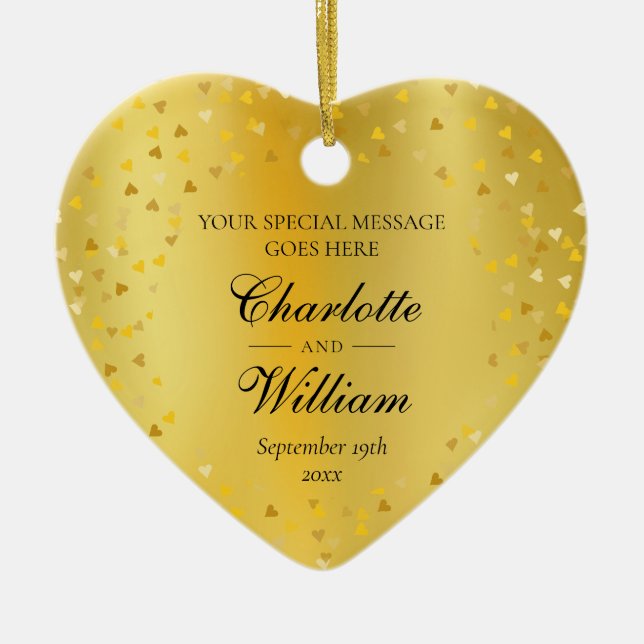 Gold Hearts Confetti Wedding Custom Monogram  Ceramic Ornament (Front)