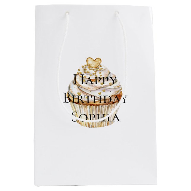 Gold Hearts Cupcake Birthday Medium Gift Bag (Front)