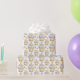 Gold Hearts Cupcakes Birthday Wrapping Paper