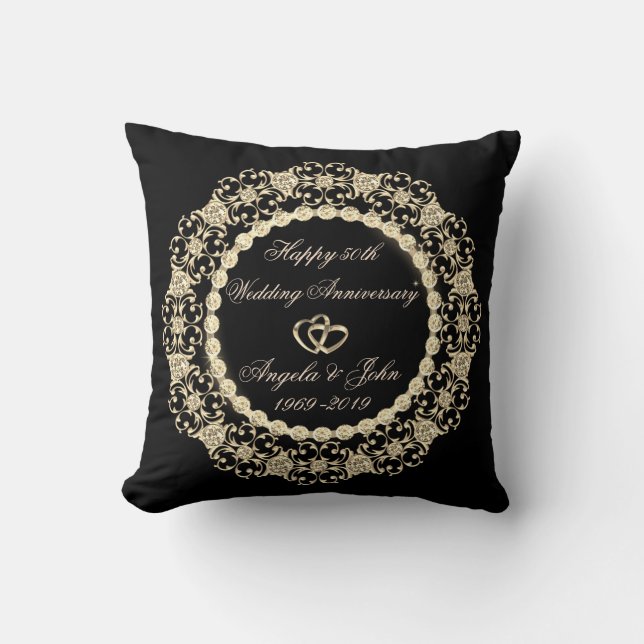 Gold Hearts Diamonds 50th Wedding Anniversary Cushion (Front)