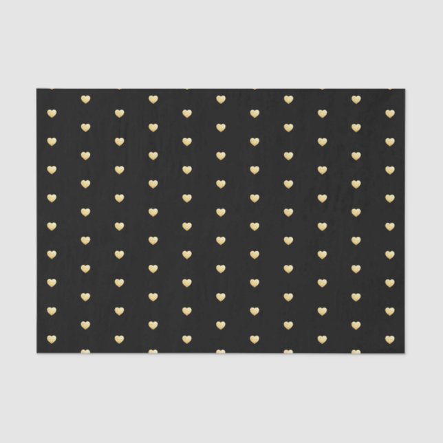 Gold Hearts Faux Foil Pattern on Black Tissue Paper (Front)