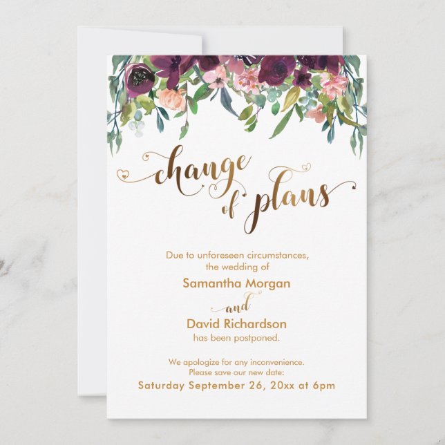 Gold Hearts Floral Change of Plans Wedding Card (Front)