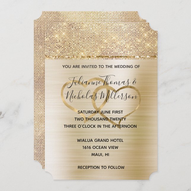 Gold Hearts Glam Sparkle Wedding  Invitation (Front/Back)
