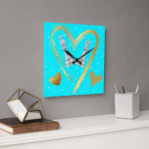 Gold Hearts King and Queen Chess Pieces on Turq   Square Wall Clock