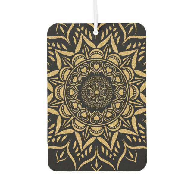 Gold hearts mandala on black car air freshener (Front)