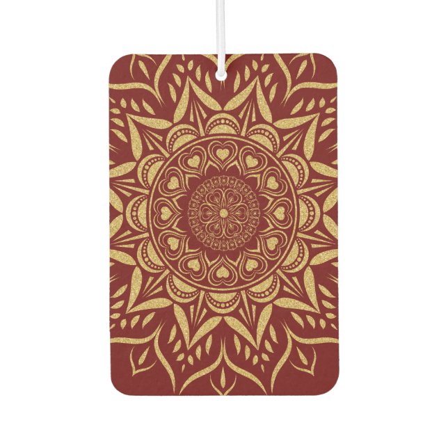 Gold hearts mandala on dark-red car air freshener (Front)