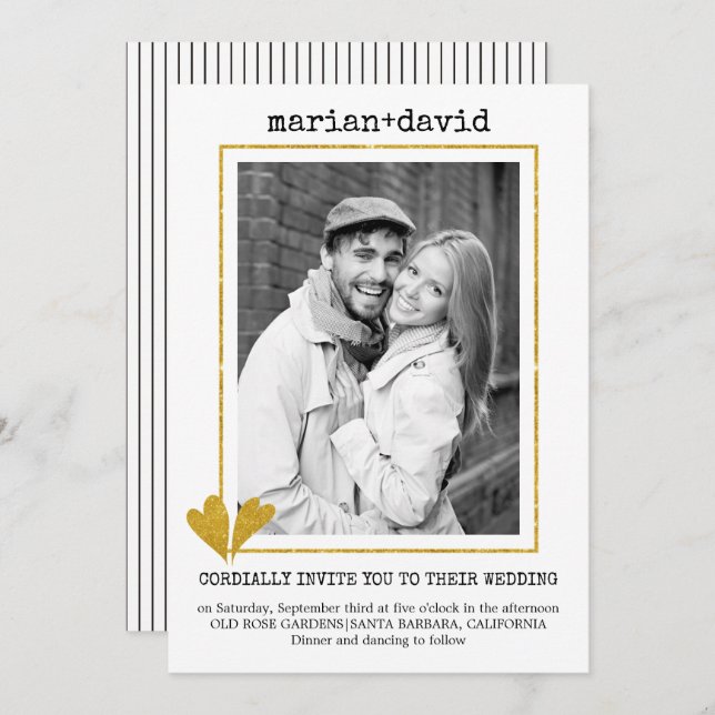 Gold hearts modern typewriter wedding photo invitation (Front/Back)