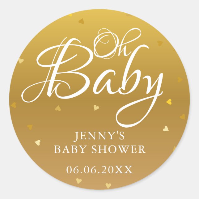 Gold hearts Oh Baby Baby Shower / Sprinkle Classic Round Sticker (Front)