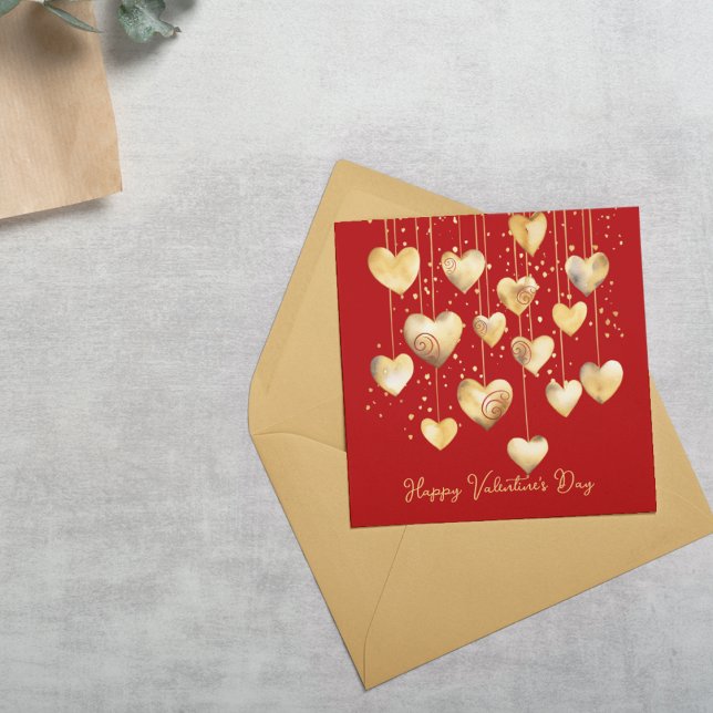 Gold Hearts on A String Card (Cute and small school Valentine's Day cards for kids.  Customize the front and back of this card. )