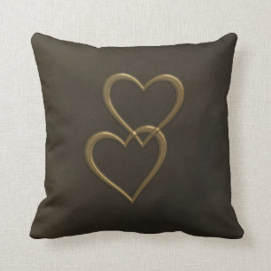 Gold hearts on brown square throw pillow