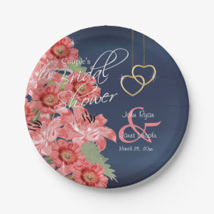 Gold Hearts on Coral & Navy Satin Paper Plate