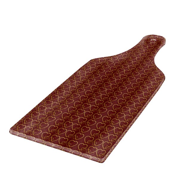 Gold hearts on maroon cutting board (Corner)