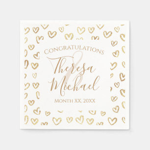 Gold Hearts on White Customisable Name Date Napkin