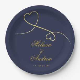 Gold Hearts Ornament Navy Blue Wedding Paper Plate