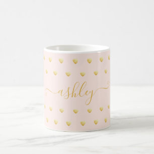 Gold Hearts Pattern Faux Foil on Pink Custom Name Coffee Mug