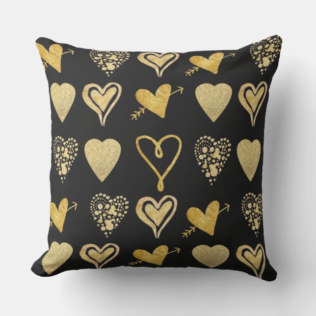 gold hearts pattern on black outdoor cushion (Front)