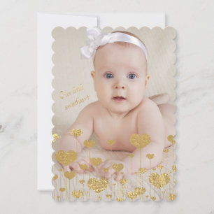 Gold Hearts Photo Birth Announcement