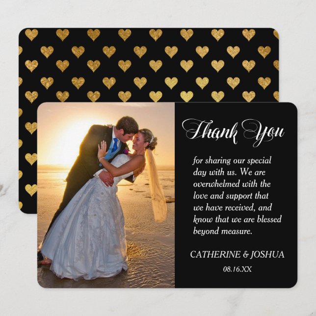 Gold Hearts Photo Wedding Thank You Card (Front/Back)