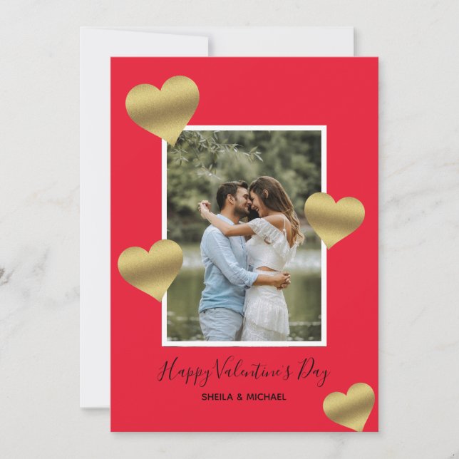 Gold Hearts Red Happy Valentine's Photo Holiday Card (Front)