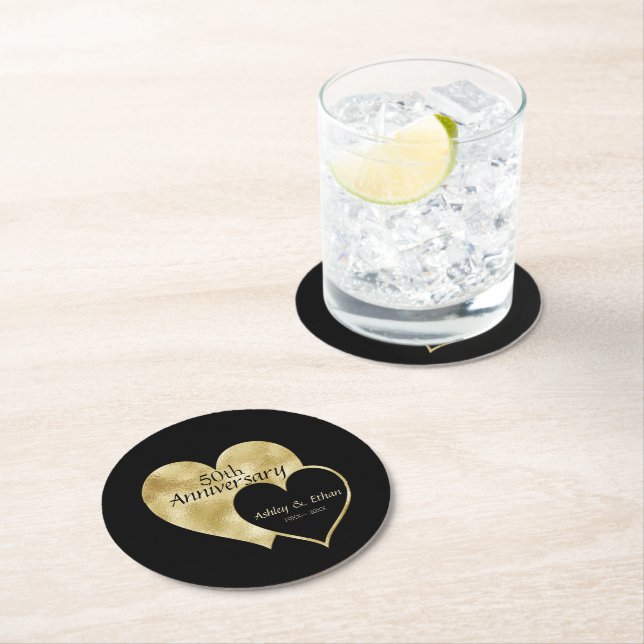Gold Hearts Round Paper Coaster (Insitu)